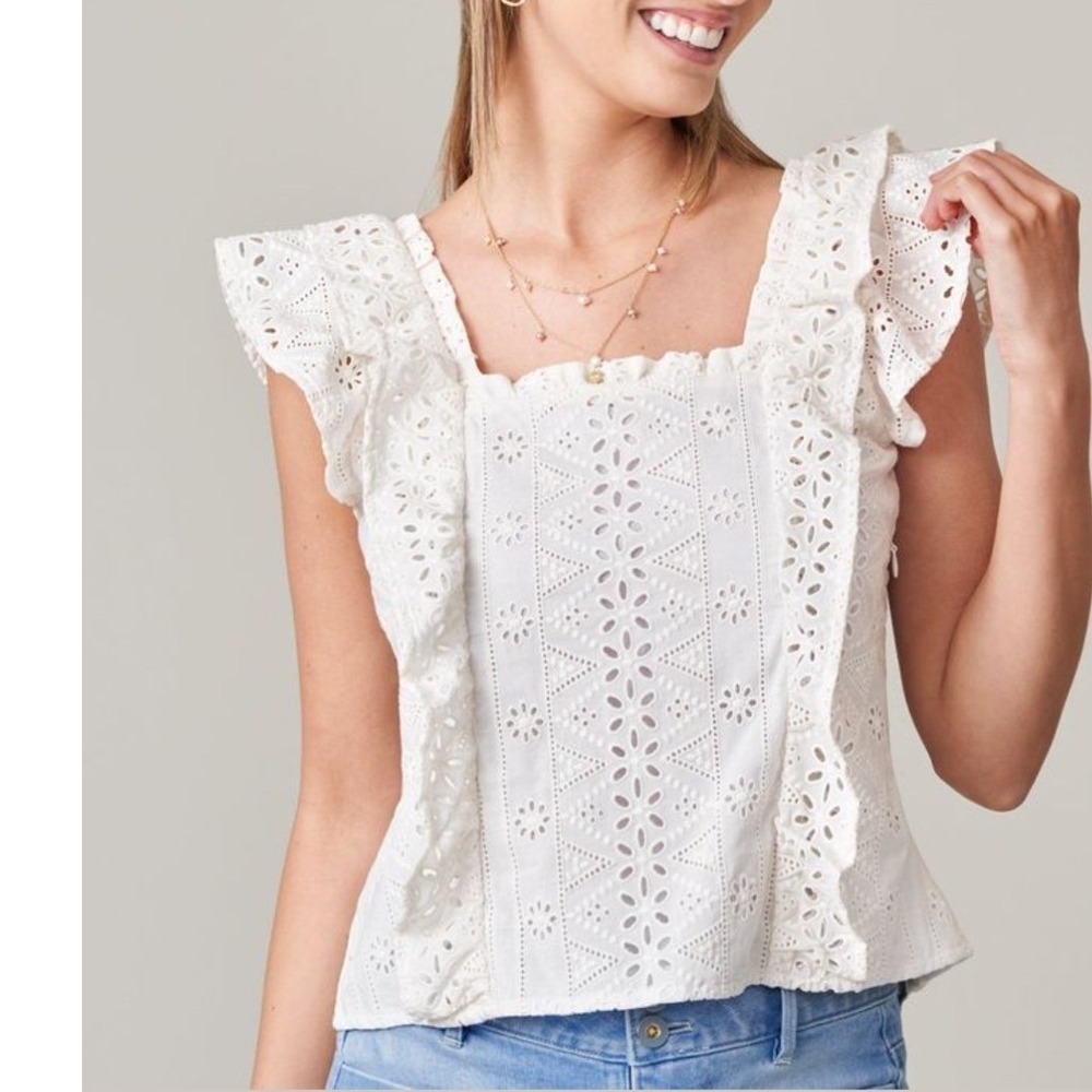 Spartina 449 Taralynn Eyelet Top Pearl White Ruffle Sleeve Cotton Top - Picture 1 of 14